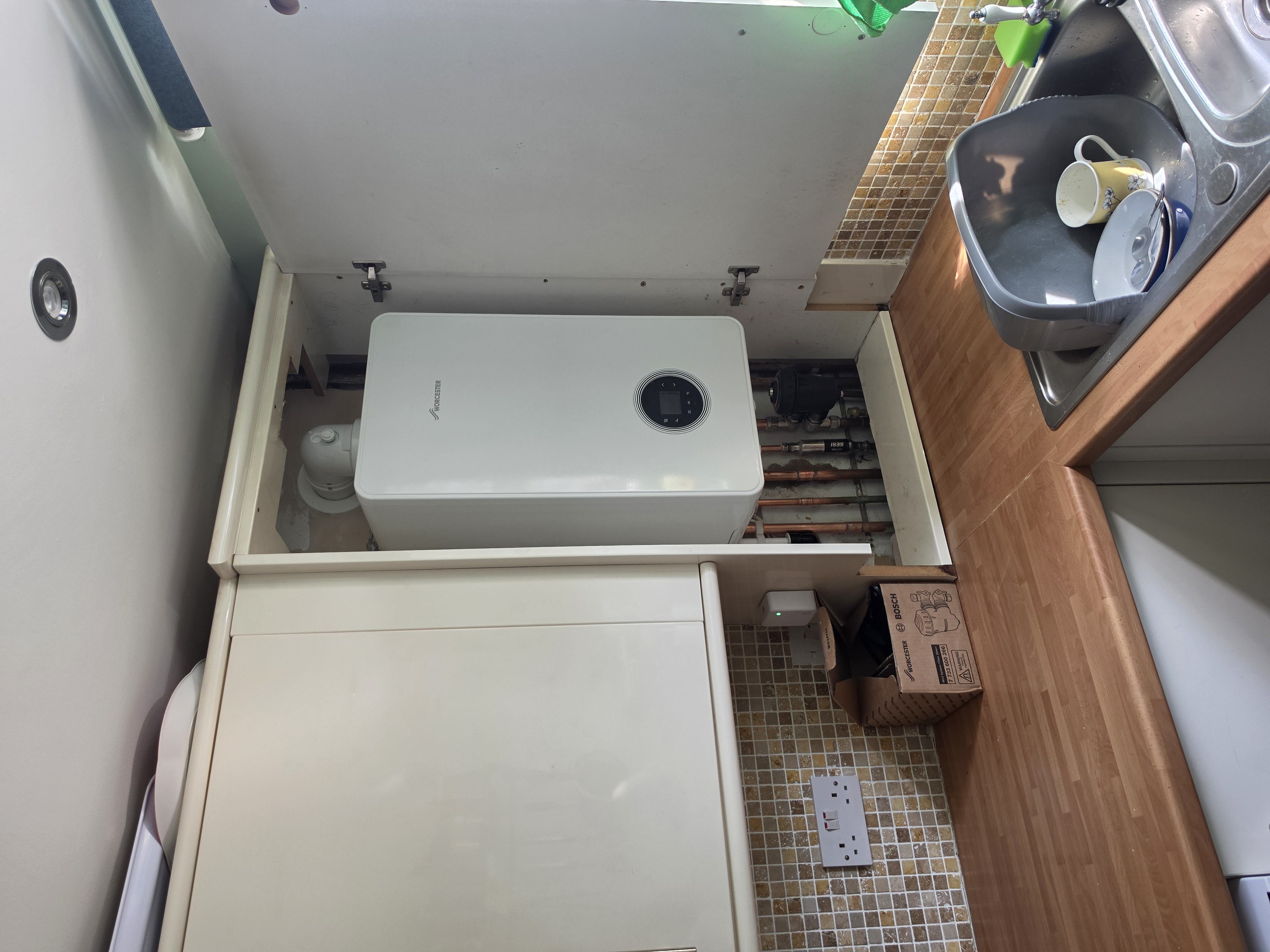 Worcester Bosch boiler installed in kitchen, Wigan