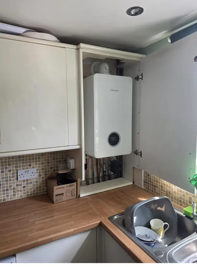 Worcester Bosch boiler installed in kitchen, Wigan